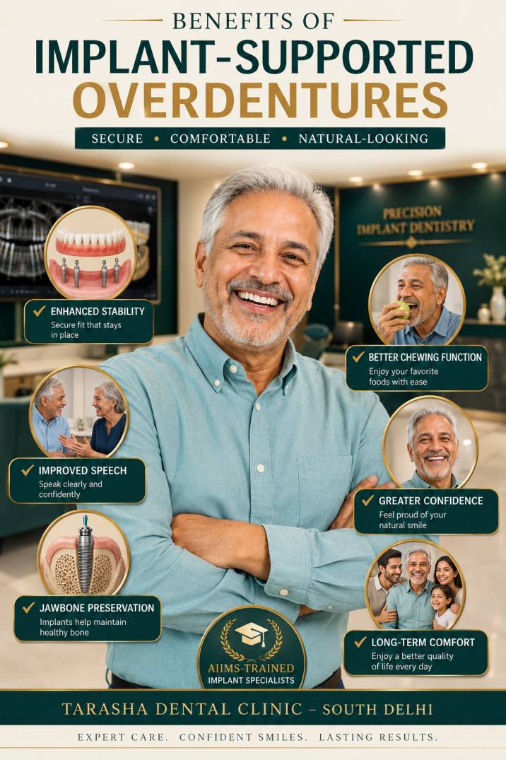 Implant overdenture benefits confident patient South Delhi