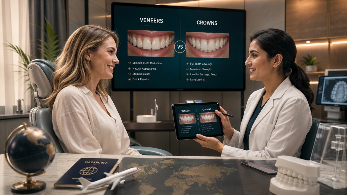 Veneers vs crowns comparison smile makeover India Tarasha Dental Clinic South Delhi